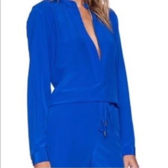 Karina Grimaldi Silk Romper Zip Front High Neck Lace Accent Cobalt Blue Size M - Picture 3 of 16